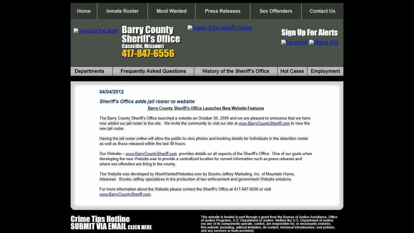 Sheriff's Office adds jail roster to website - Press Releases - Barry County Sheriff MO